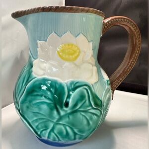 Takahashi Water Lily Hand Painted Ceramic Pitcher, Majolica Style, 1980's